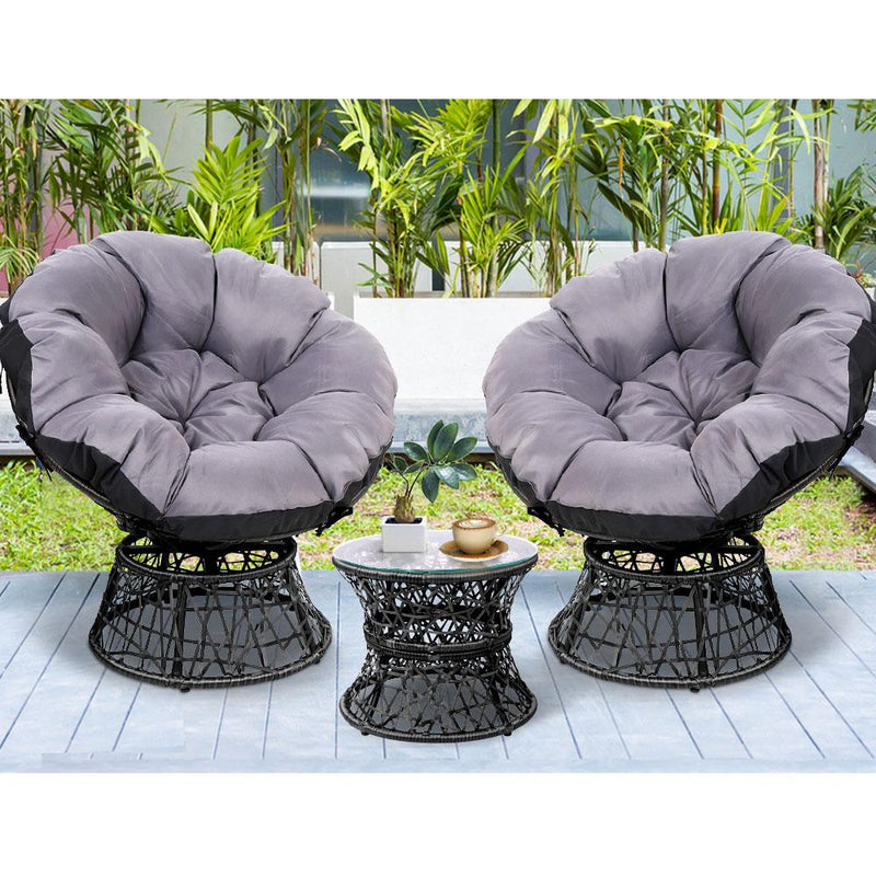 Gardeon Outdoor Lounge Setting Papasan Chairs Table Patio Furniture Wicker Black - Payday Deals