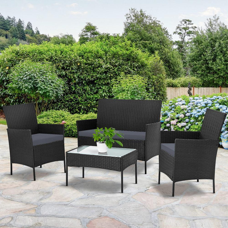 Gardeon 4-piece Outdoor Lounge Setting Wicker Patio Furniture Dining Set Black - Payday Deals