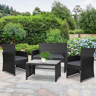 Gardeon Set of 4 Outdoor Lounge Setting Rattan Patio Wicker Dining Set Black - Payday Deals