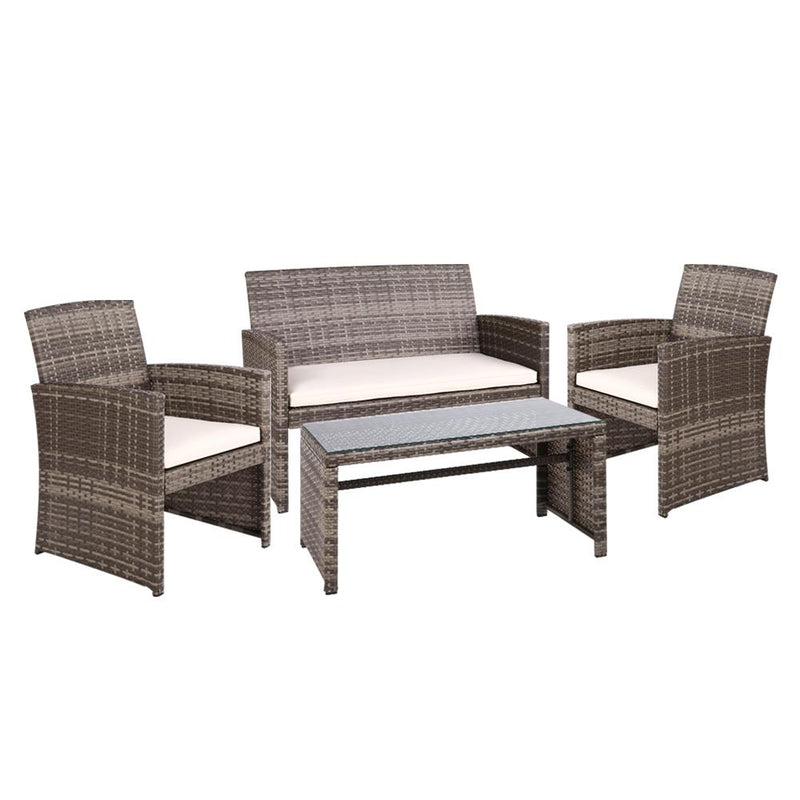 Gardeon Set of 4 Outdoor Lounge Setting Rattan Patio Wicker Dining Set Mixed Grey - Payday Deals
