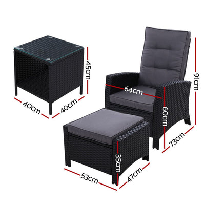 Gardeon Outdoor Setting Recliner Chair Table Set Wicker lounge Patio Furniture Black - Payday Deals