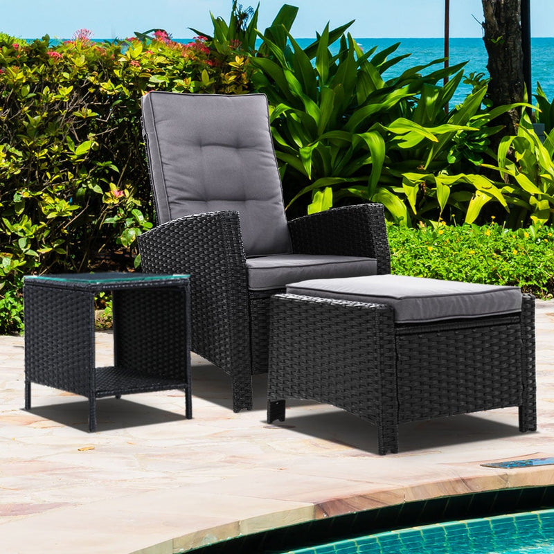 Gardeon Outdoor Setting Recliner Chair Table Set Wicker lounge Patio Furniture Black - Payday Deals