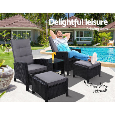 Gardeon Outdoor Patio Furniture Recliner Chairs Table Setting Wicker Lounge 5pc Black - Payday Deals