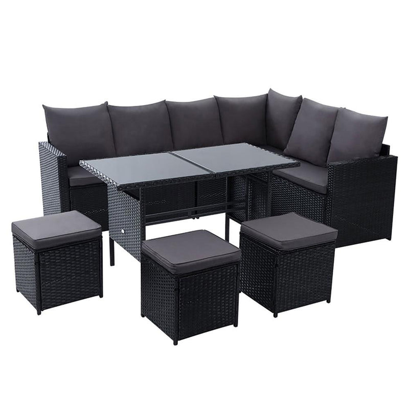 Gardeon Outdoor Furniture Dining Setting Sofa Set Lounge Wicker 9 Seater Black - Payday Deals