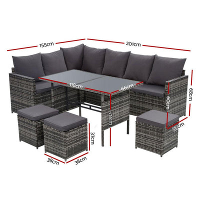 Gardeon Outdoor Furniture Dining Setting Sofa Set Lounge Wicker 9 Seater Mixed Grey - Payday Deals