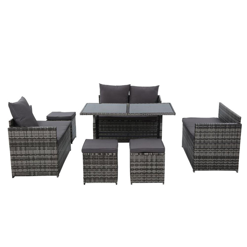 Gardeon Outdoor Furniture Dining Setting Sofa Set Lounge Wicker 9 Seater Mixed Grey - Payday Deals