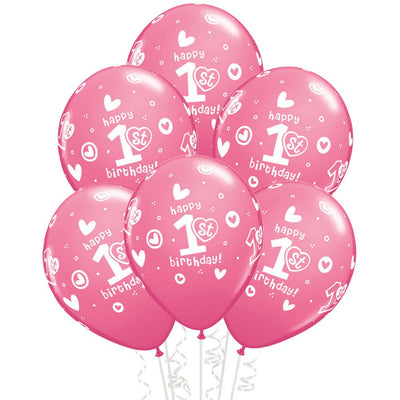 1st Birthday Girl Pink Latex Balloons 6 Pack