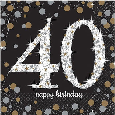 40th Birthday Party Supplies Sparkling Black Lunch Napkins 16 pack