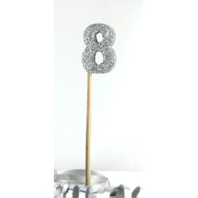 Silver Glitter Party Supplies - Number 8 Silver Glitter Candle 4cm on stick