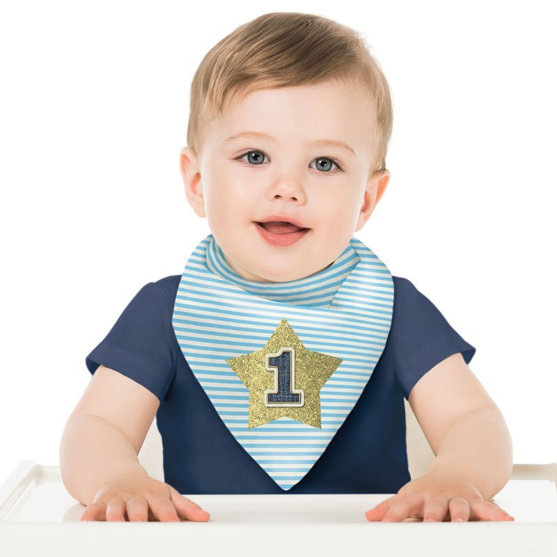 1st Birthday Boy Blue & White Striped Bib with Gold Number 1