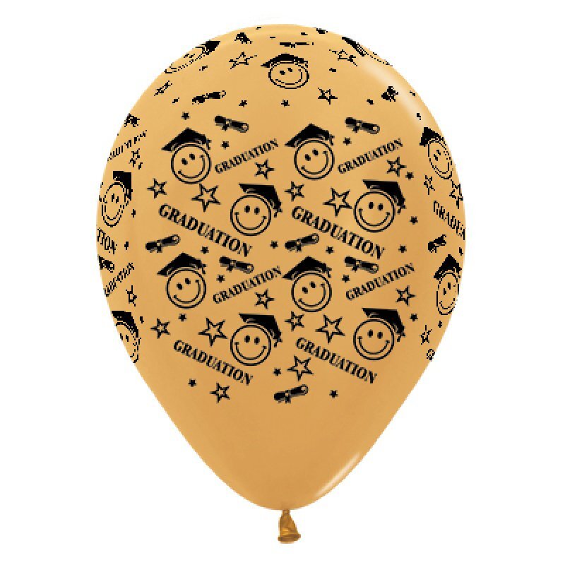 Graduation Smiley Faces Metallic Gold Latex Balloons 6 Pack