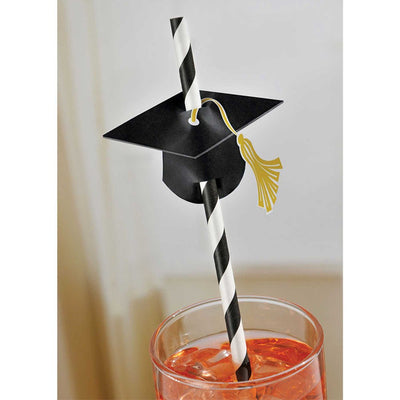 Paper Straws with Black Graduation Caps 12 Pack