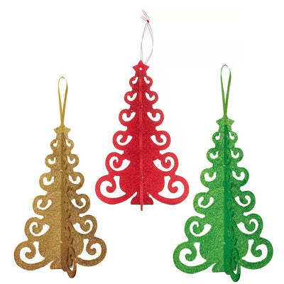 Christmas Tree 3D MDF Glittered Hanging Decoration Party Pack
