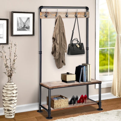 Artiss Clothes Shoe Rack Vintage Coat Stand Entryway Wooden Shelf - Payday Deals