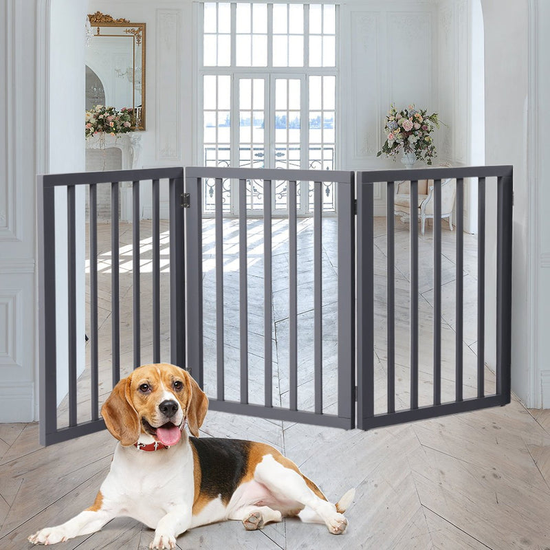 Wooden Pet Gate Dog Fence Retractable Barrier Portable Door 3 Panel Grey