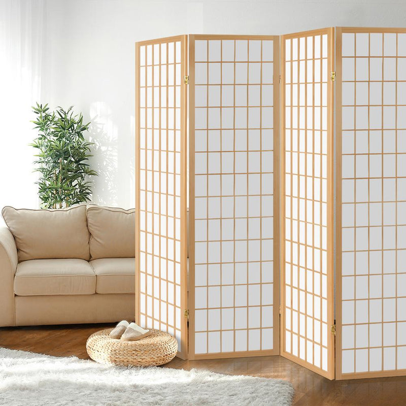 Artiss Room Divider Screen Wood Timber Dividers Fold Stand Wide Beige 4 Panel - Payday Deals