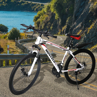29'' Mountain Bicycle White Racing Bike 21 Speed Dual Disc Brake Carbon Steel - Payday Deals