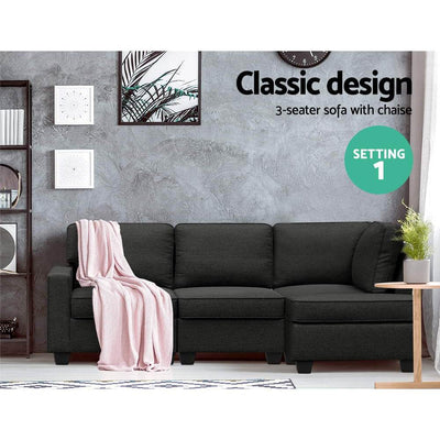Artiss Sofa Lounge Set 4 Seater Modular Chaise Chair Couch Fabric Dark Grey - Payday Deals