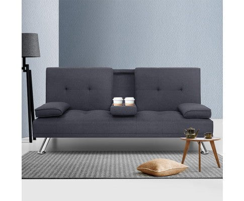 Artiss Linen Fabric 3 Seater Sofa Bed Recliner Lounge Couch Cup Holder Futon Dark Grey