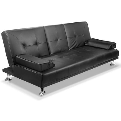 Artiss 3 Seater PU Leather Sofa Bed - Black - Payday Deals