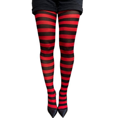 Women's Ladies Footless Tights Stockings Pantyhose Leg Hosiery - Red/Black Stripe
