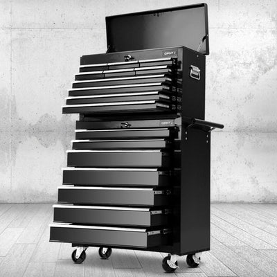 Giantz 17 Drawers Tool Box Trolley Chest Cabinet Cart Garage Mechanic Toolbox Black - Payday Deals