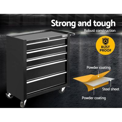 Giantz 5 Drawer Mechanic Tool Box Cabinet Storage Trolley - Black - Payday Deals