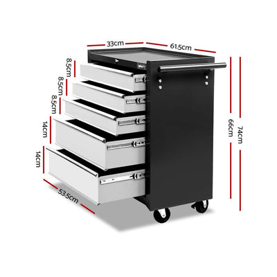 Giantz 5 Drawer Mechanic Tool Box Cabinet Storage Trolley - Black & Grey - Payday Deals