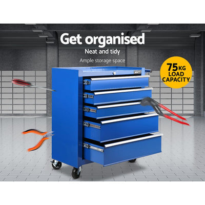 Giantz 5 Drawer Mechanic Tool Box Cabinet Storage Trolley - Blue - Payday Deals