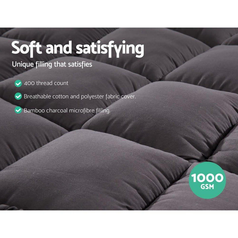 Giselle King Mattress Topper Pillowtop 1000GSM Charcoal Microfibre Bamboo Fibre Filling Protector - Payday Deals