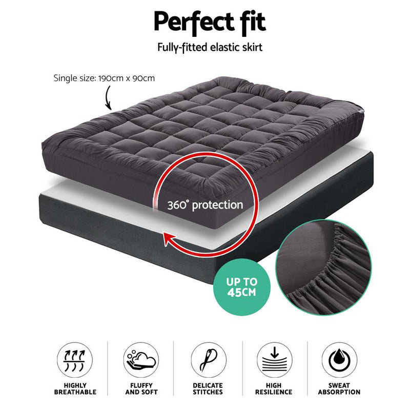 Giselle Single Mattress Topper Pillowtop 1000GSM Charcoal Microfibre Bamboo Fibre Filling Protector - Payday Deals