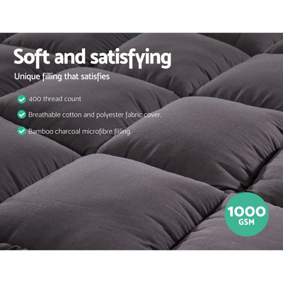 Giselle Single Mattress Topper Pillowtop 1000GSM Charcoal Microfibre Bamboo Fibre Filling Protector - Payday Deals