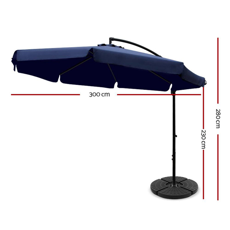Instahut 3M Umbrella with 48x48cm Base Outdoor Umbrellas Cantilever Sun Beach UV Navy - Payday Deals