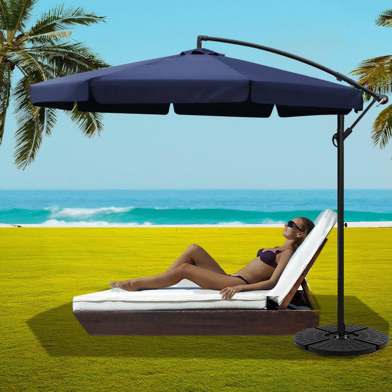 Instahut 3M Umbrella with 48x48cm Base Outdoor Umbrellas Cantilever Sun Beach UV Navy - Payday Deals