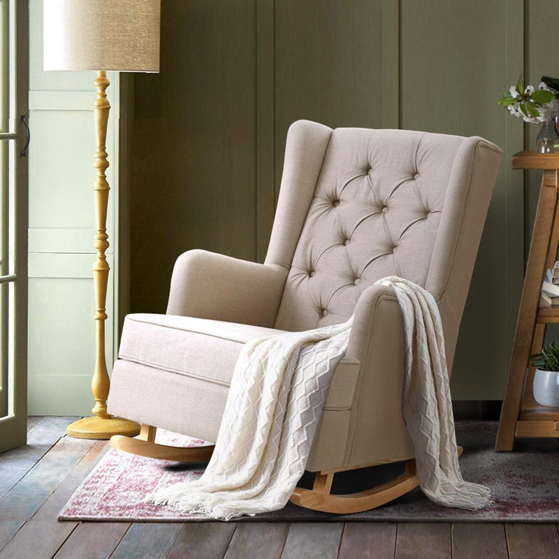 Artiss Rocking Armchair Feedining Chair Fabric Armchairs Lounge Recliner Beige - Payday Deals