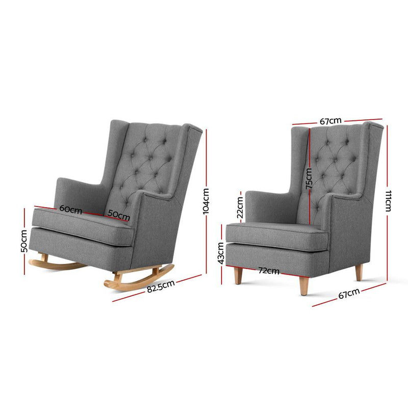 Artiss Rocking Armchair Feeding Chair Linen Fabric Armchairs Lounge Retro Grey - Payday Deals