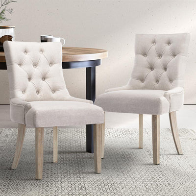 Artiss Set of 2 Dining Chair Beige CAYES French Provincial Chairs Wooden Fabric Retro Cafe - Payday Deals