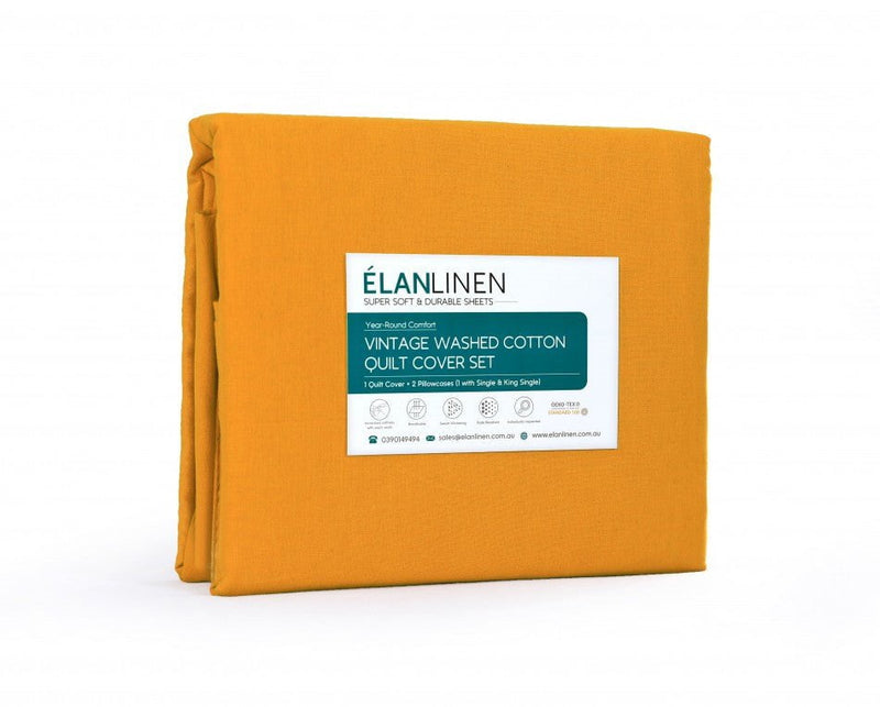 Elan Linen 100% Egyptian Cotton Vintage Washed 500TC Mustard Double Quilt Cover Set