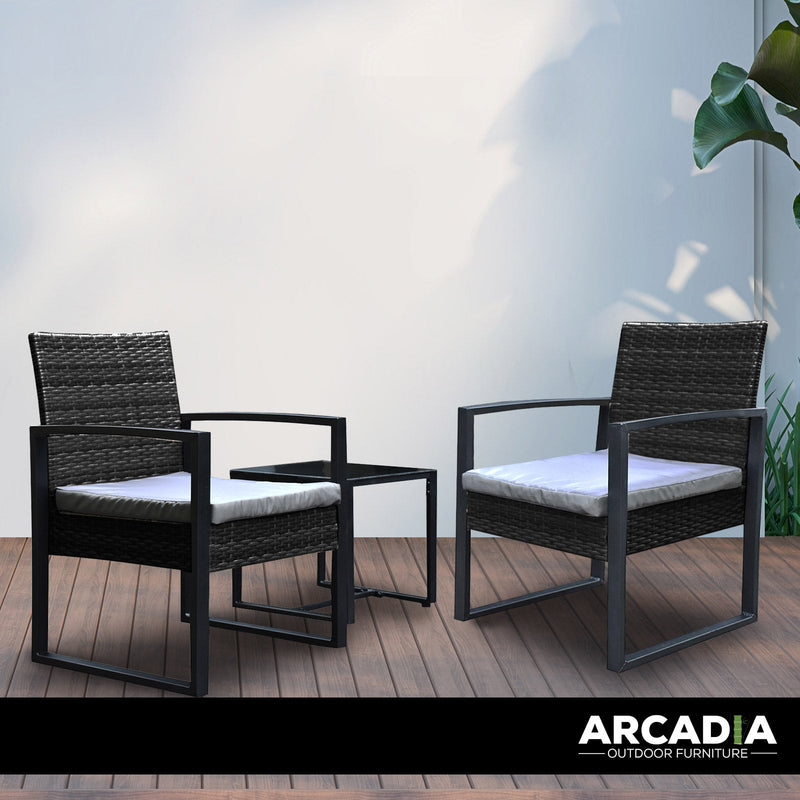 Arcadia Furniture Outdoor 3 Piece Wicker Rattan Patio Set Garden Patio Home - Black and Grey