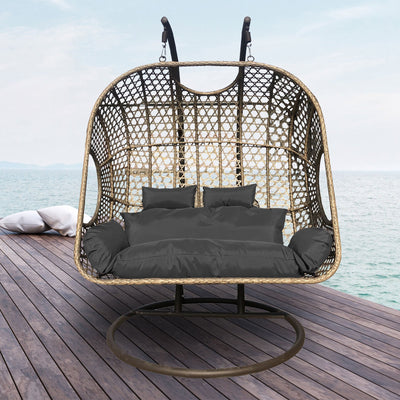 Arcadia Furniture 2 Seater Rocking Egg Chair Outdoor Wicker Rattan Patio Garden - Brown and Grey