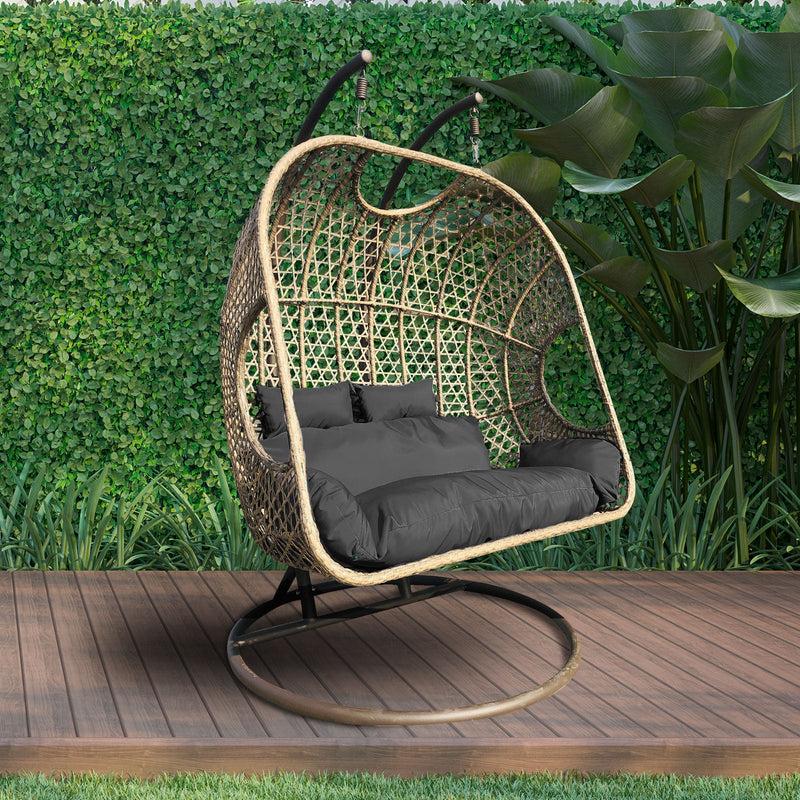 Arcadia Furniture 2 Seater Rocking Egg Chair Outdoor Wicker Rattan Patio Garden - Brown and Grey