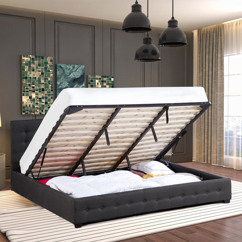Milano Decor Eden Gas Lift Bed With Headboard Platform Storage Dark Grey Fabric - Queen - Dark Grey