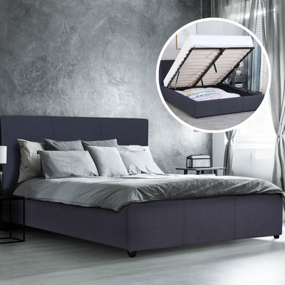 Milano Luxury Gas Lift Bed Frame Base And Headboard With Storage - Queen - Charcoal