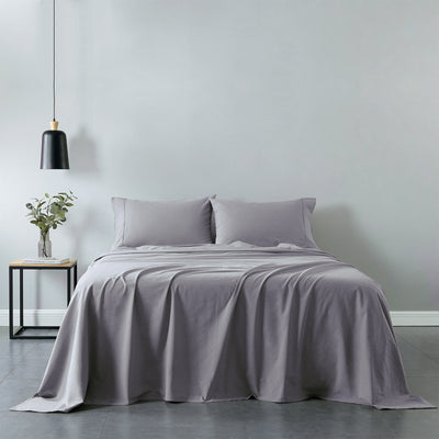 Royal Comfort Vintage Washed 100% Cotton Sheet Set Fitted Flat Sheet Pillowcases - King - Grey - Payday Deals