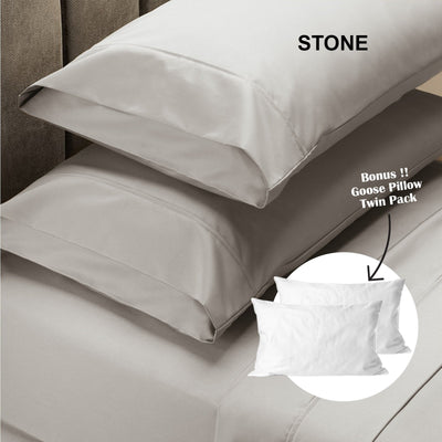 Royal Comfort 4 Piece 1500TC Sheet Set And Goose Feather Down Pillows 2 Pack Set - Queen - Stone