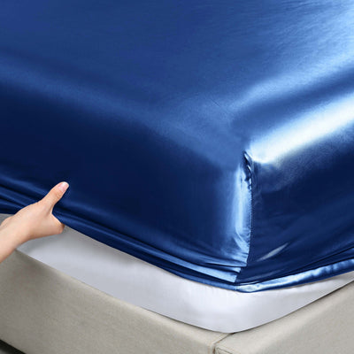 Royal Comfort Satin Sheet Set 4 Piece Fitted Flat Sheet Pillowcases  - Queen - Navy Blue