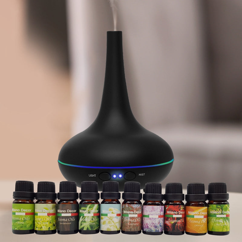 Milano Aroma Diffuser Set With 10 Pack Diffuser Oils Humidifier Aromatherapy - Black - Payday Deals