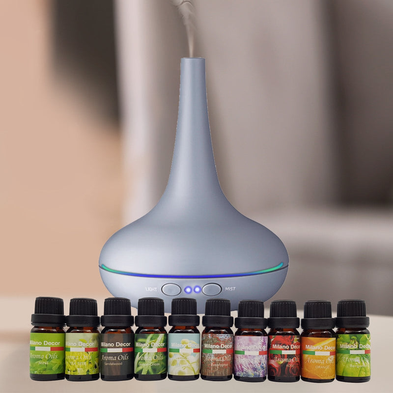 Milano Aroma Diffuser Set With 10 Pack Diffuser Oils Humidifier Aromatherapy - Matt Grey - Payday Deals
