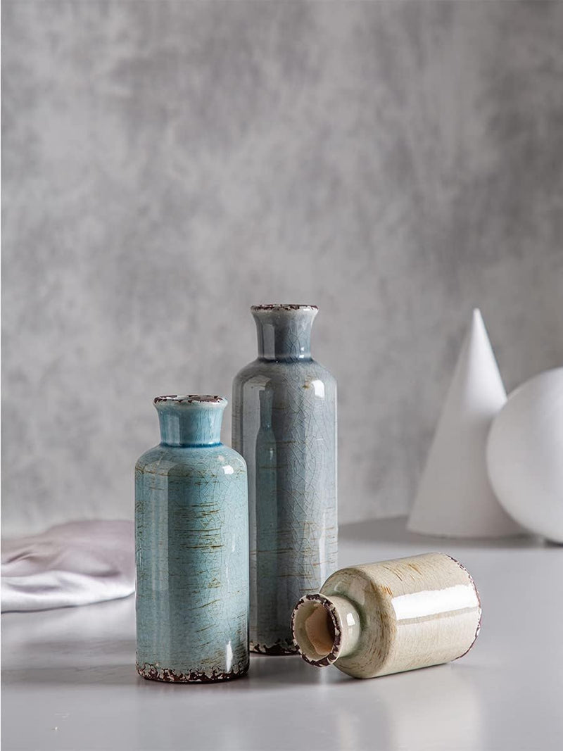 Ceramic Vases Set of 3 Crackled Finish Blue Farmhouse for Home D�cor