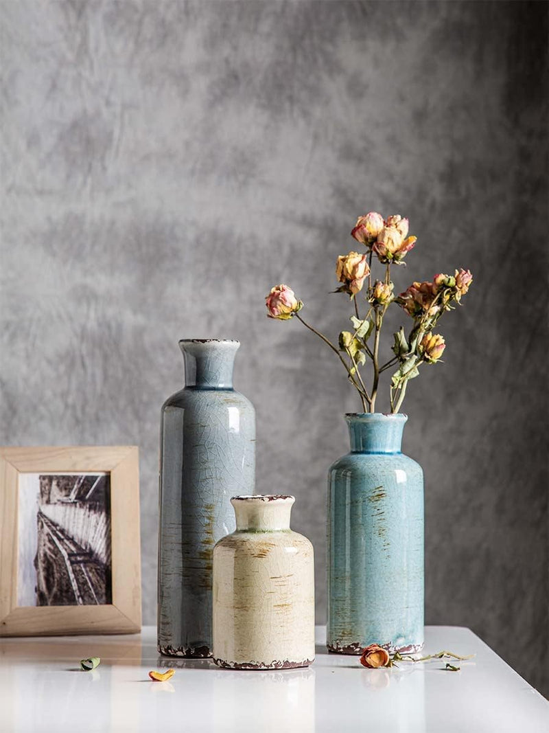 Ceramic Vases Set of 3 Crackled Finish Blue Farmhouse for Home D�cor